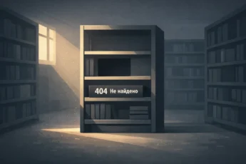Пустая полка в библиотеке рядом с книгой с меткой «404 Не найдено».