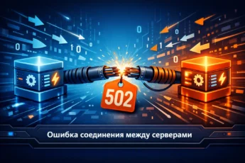 Два сервера с разорванным соединением и кодом 502 на фоне цифрового пространства.