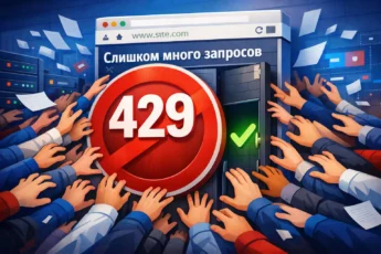 Красный знак 429 на фоне множества рук, тянущихся к приоткрытой двери сайта.
