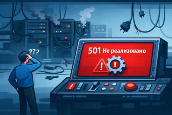 Пульт управления с кодом ошибки 501 и растерянный пользователь перед неисправным сервером.